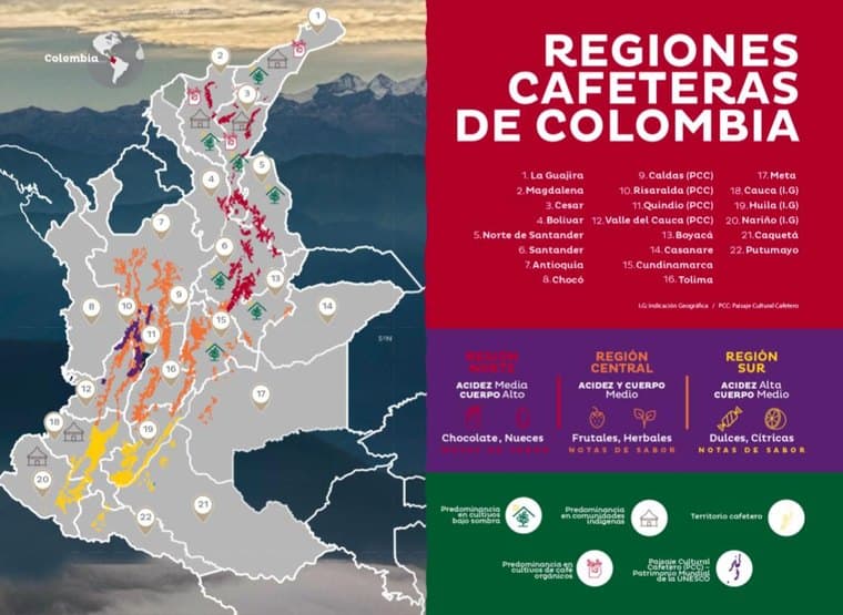 Mapa de las regiones cafeteras de Colombia