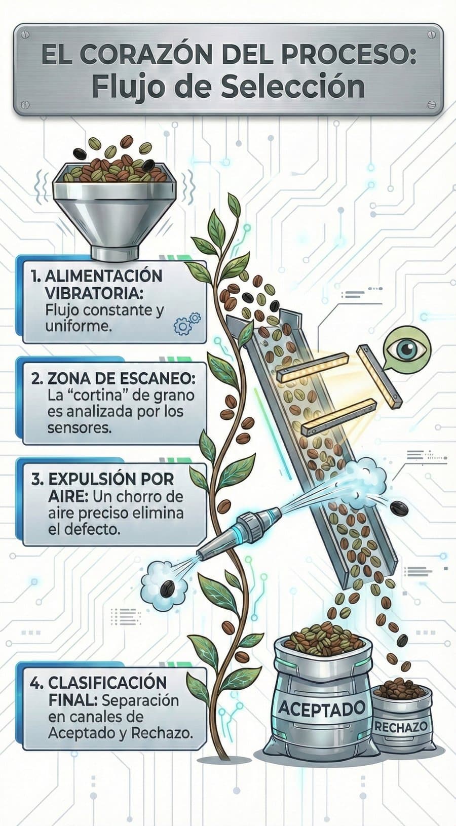 Flujo de la selección óptica: alimentación, escaneo, expulsión por aire y clasificación final